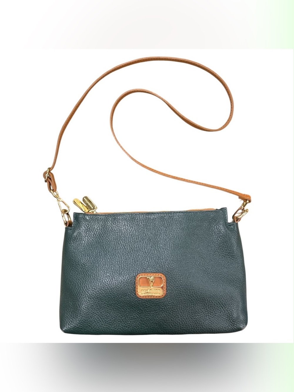 Valentina Dark Green Pebble Leather Crossbody with Tan Trim